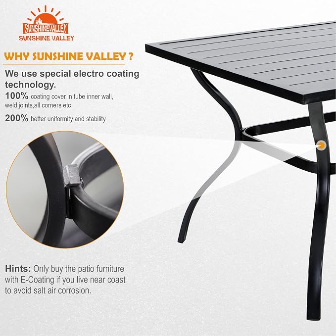 SUNSHINE VALLEY Patio Dining Set,60x38 Outdoor Table w/Umbrella Hole | Outdoor Table and Chairs Set w/ Umbrella Hole, 2 Leg Chairs, 2 Swivel Chairs, 1 Metal Table and 1 Cushioned Bench