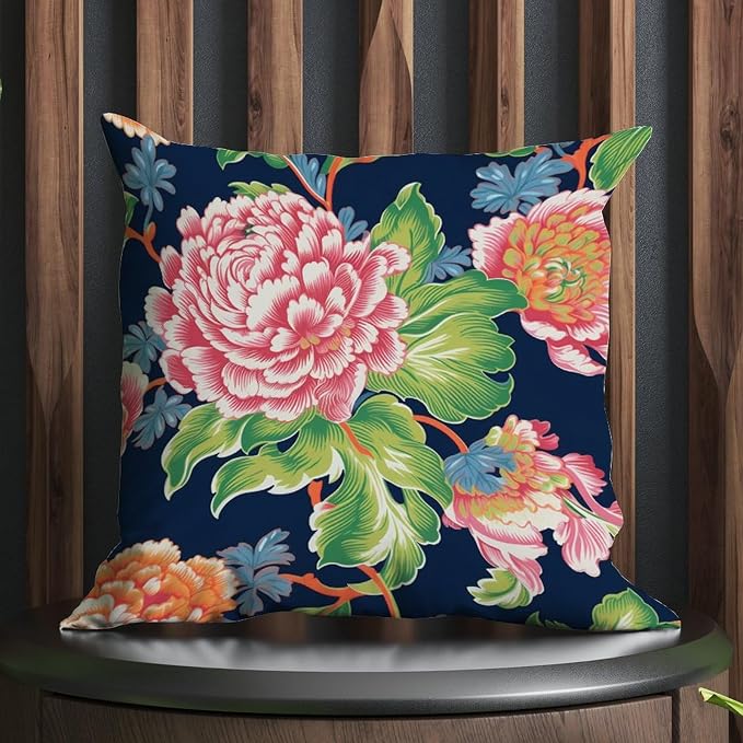 Pillowcase Floral Bright and Cheery Chinoiserie Pillow Covers Abstract Pink Coral Peony on Navy Pillow Cover Accent Square Couch Sofa Cushion Covers for Patio Furniture Tent Garden 16x16 in