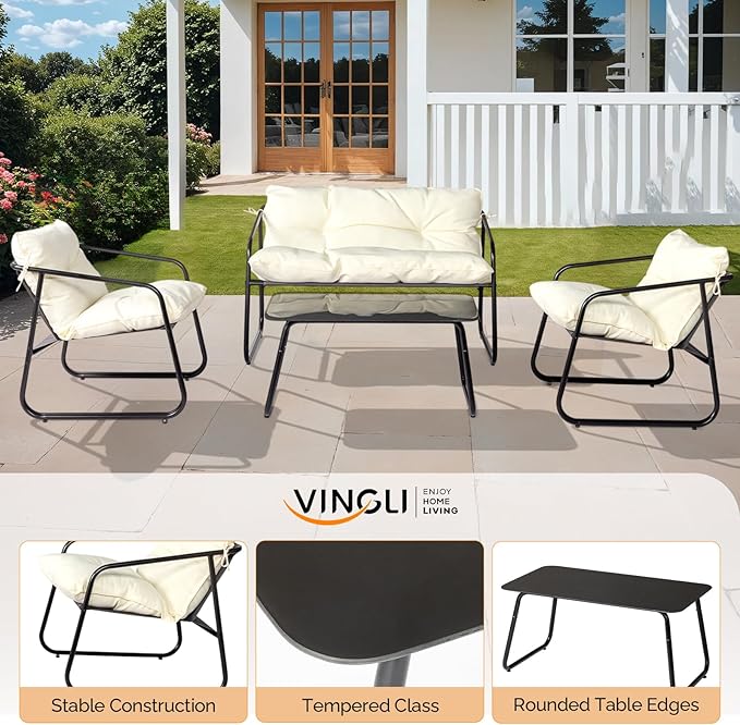 VINGLI 4 Piece Patio Conversation Set, Outdoor Furniture Set with Glass Coffee Table & Comfortable Cushion, All-Weather Cushioned Seating for Garden, Backyard, Porch, White