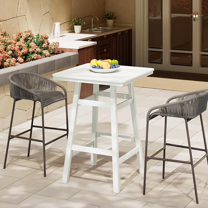 Costaelm Outdoor Bar Table, 42" Counter Height Square Patio Cocktail Bar Table with Umbrella Hole, Patio Bistro Dining Pub Table for Front Porch Deck Backyard Garden, White