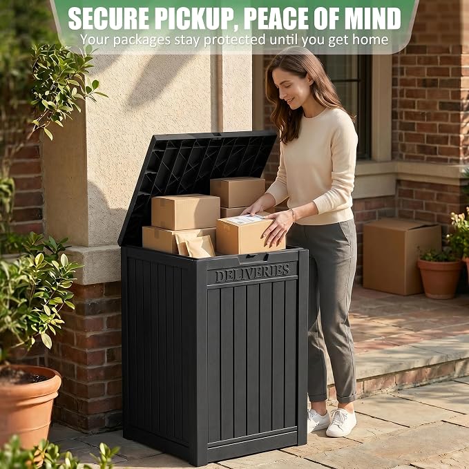 EasyUp Package Delivery Boxes for Outside, 55 Gallon Outdoor Parcel MailBox Drop Storage Deck Box Secure Resin Waterproof Lockable UV Resistant Patio Porch Mail Black