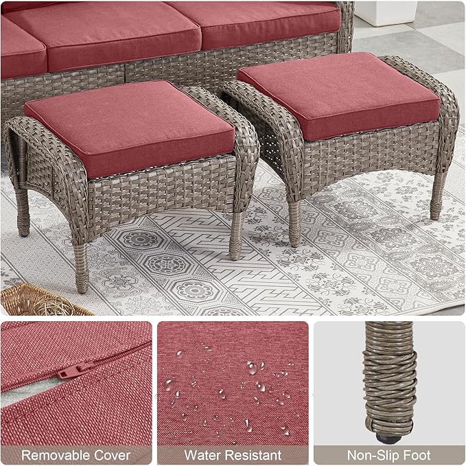Belord Outdoor Ottomans for Patio Foot Rest - 25 Inch PE Wicker Foot Stool Set of 2 with Removable Cushions for Patio Furniture Sets,All Weather Rattan Ottoman for Balcony Deck Gray/Red