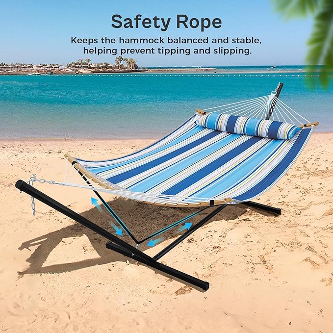 SUPERJARE Curved-Bar Hammock with Stand, 2 Person Heavy Duty Hammock Frame, Detachable Pillow & Portable Carrying Bag, Perfect for Outdoor & Indoor, Holiday Voyage Stripe