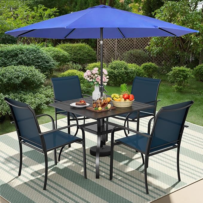 SUNCROWN 6 - Piece Outdoor Dining Set, Patio Furniture Set with 4 Textilene Dinning Chairs, 1 Steel Slat Metal Bistro Table and 1 Dark Blue 9Ft Patio Umbrella for Lawn Garden Backyard Deck, Dark Blue