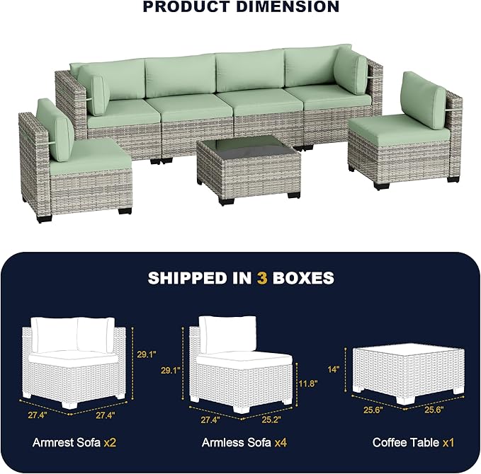 7-Piece Outdoor Patio Furniture Set, PE Wicker Rattan Sectional Sofa Conversation Set with Tempered Glass Table & Thick Cushions - All-Weather Garden, Backyard Furniture, Light Green