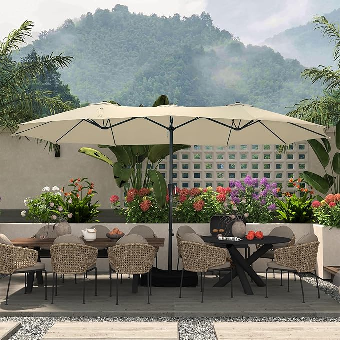 15 ft Patio Umbrella with Base, Large Rectangle Outdoor Umbrella with Matching Stand, Strap, Crank, Khaki