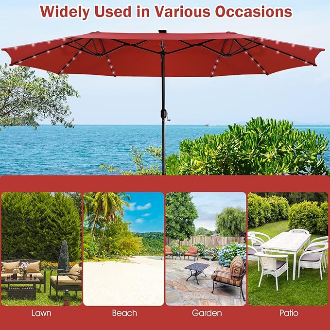 Giantex 15 FT Double Patio Umbrellas with 48 Solar LED Lights, Auto-Charging Panel, Crank System, Outdoor Extra-Large Rectangle Market Table Umbrella for Garden Deck Backyard Beach Pool