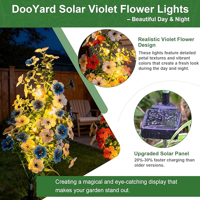 Solar Violet Garden Lights Outdoor 4 Pack, Realistic Violet Flower Design with Soft Glow, Upgraded Solar Panel, Decorative Lights for Lawn Patio Pathway Yard, Gift for Mom