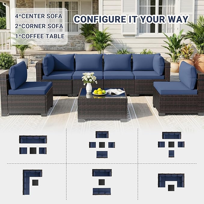 CHABATREE 7-Piece Outdoor Patio Furniture Sets, Manual Weaving Rattan Conversation Sectional Sofa with Tempered Glass Coffee Table, All-Weather PE Wicker & Thick Cushions for Garden, Backyard, Porch
