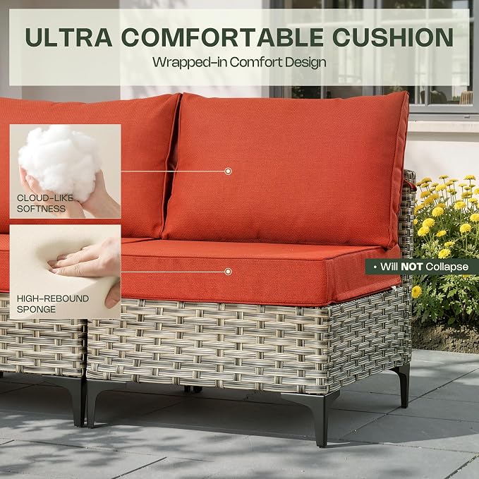5 Piece Outdoor Sectional Patio Furniture Set with Solar Lighted Coffee Table, Modular Wicker Conversation Set with Flexible L-Shaped Layout for Porch Balcony Backyard, Red