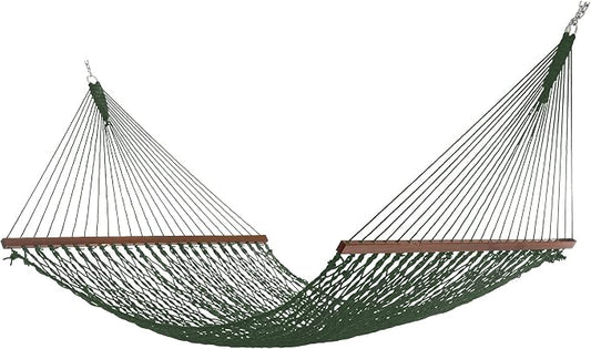Hatteras Hammocks Deluxe Green DuraCord Rope Hammock – 13 ft. x 60 in., 2-Person, 450 lb Capacity, Cumaru Spreader Bar, Zinc-Plated Hardware – Handcrafted in The USA