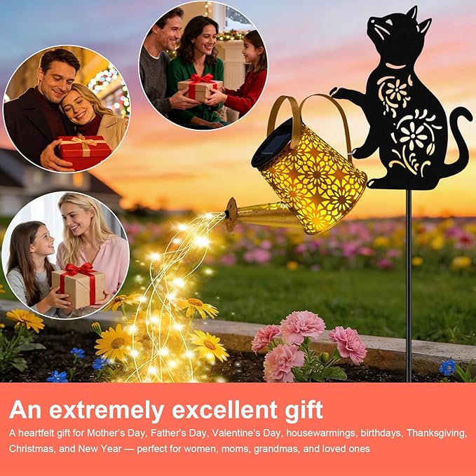VOOKRY Solar Watering Can Lights Outdoor with Cat Silhouette Stake, Garden Gifts for Mom, Women & Garden Lovers Waterproof Metal Garden Lantern, Decorative Yard Patio Lawn Pathway Decor(1 Pack)