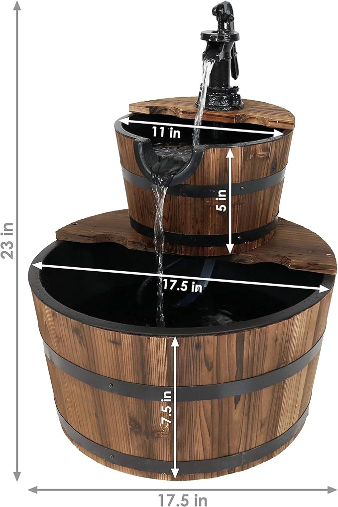 Sunnydaze 2-Tier Wood Barrel Water Fountain - 23-Inch Vintage Water Pump Fountain with Submersible Pump - for Garden, Patio, Decks