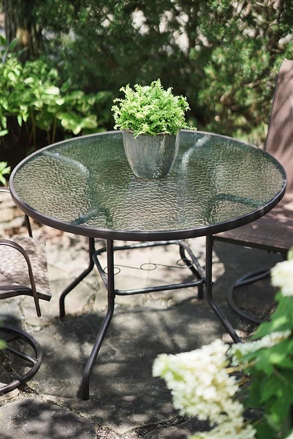 Garden Elements Outdoor Patio Furniture, Round Dining Table, Steel Base and Rim with Water-Wave Glass Top, Brown, 40"