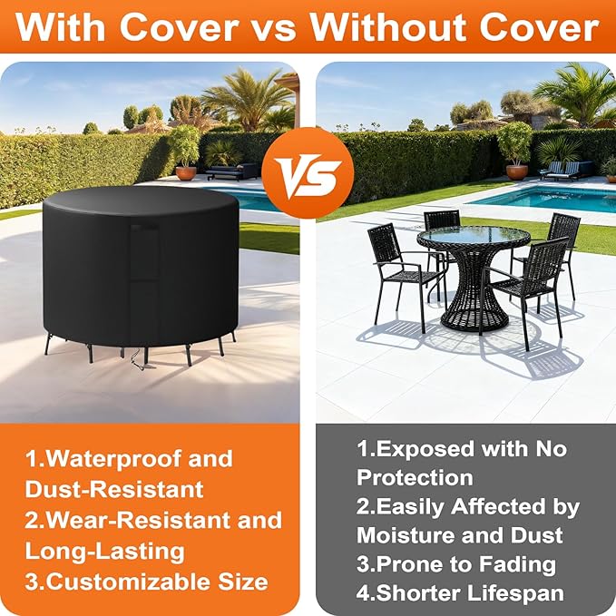 28"(D) x 60"(H) Round Outdoor Furniture Cover, Custom Heavy Duty 420D Waterproof Patio Furniture Cover with Drawstring & Buckles for Table Chair Garden, Black