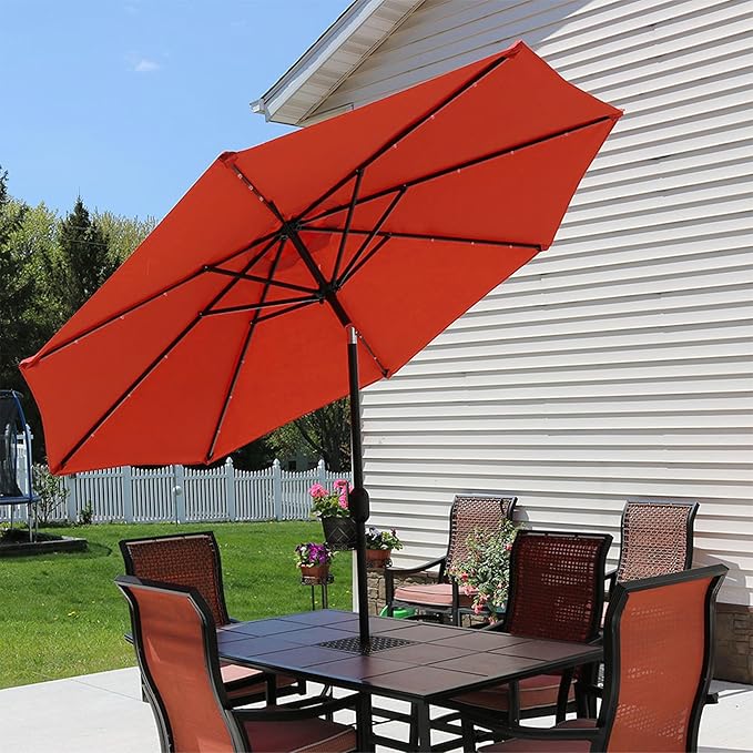 Sunnydaze 9 ft Outdoor Patio Umbrella with Solar Lights - Polyester LED Table Market Umbrella with Push-Button Tilt and Crank - Burnt Orange