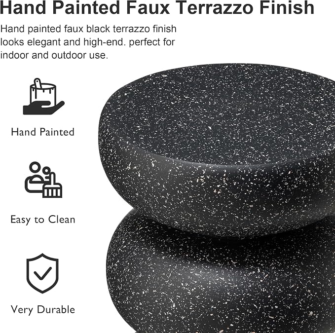 Glitzhome Outdoor Side Table, Round Small End Table with Black Geometric Terrazzo Finish MGO Hourglass Garden Stool, Set of 2 Decorative Accent Table for Living Room Planter Stand Backyard Patio Porch