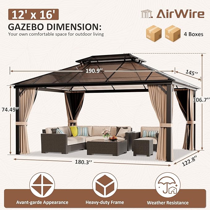 AirWire 12'x16' Hardtop Gazebo, Outdoor Polycarbonate Roof Canopy, Aluminum Frame Permanent Pavilion with Curtains and Netting, Sunshade for Garden, Patio, Lawns