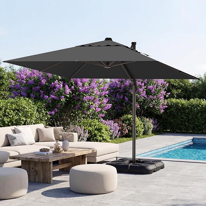 GENTEACO 10X10 FT Cantilever Umbrella, Large Offset Patio Umbrella with 6 Angle Tilts & 360° Rotation, Large Square Sun Umbrellas for Outdoor Patio Pool Deck Market, Black