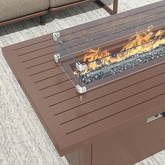 Outdoor Aluminum Patio Furniture Set, 5-Seats Patio Conversation Sofa Set with Oversized Fire Pit Table w/Glass Wind Guard, All Weather for Balcony, Garden-Brown