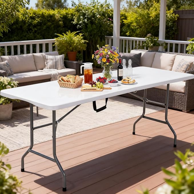 YITAHOME Heavy-Duty 6ft Folding Table with Handle, Portable Rectangle Folding Table for Easy Storage, Ideal for Outdoors Camping, Picnics, Parties & Indoor Events, White