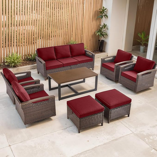 Rilyson Wicker Outdoor Patio Furniture Set - 8 Piece Patio Conversation Sets with Swivel Rocker Chairs, Ottomans, Sofa and Coffee Table, Thick Cushions, Waterproof Wicker, for Porch Deck Brown/Red