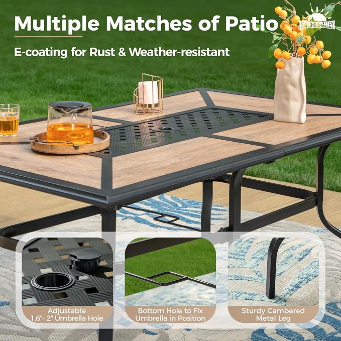 SUNSHINE VALLEY 7 Pcs Patio Dining Set for 6, Metal Rectangular Dining Table (PVC Table Top) with Umbrella Hole and 6 Chairs, Outdoor Dining Set for Lawn Garden Deck, Blue