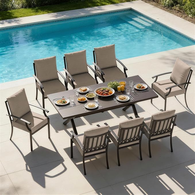 9 PCS Outdoor Patio Dining Set,Patio Table and Chairs Metal Outdoor Patio Furniture Set with Umbrella Hole,Dining Table Set with 8 Chairs for Deck,Backyard and Garden,Brown