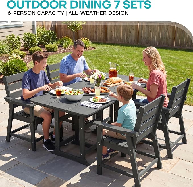 5-Piece Dining Set, HDPE Table & 4 Chairs, Grey | HDPE Dining Set: 69.1" Table + 4 Chairs, 380 lbs, 304 Stainless, All-Weather, No Rust No Crack, Outdoor Patio Garden