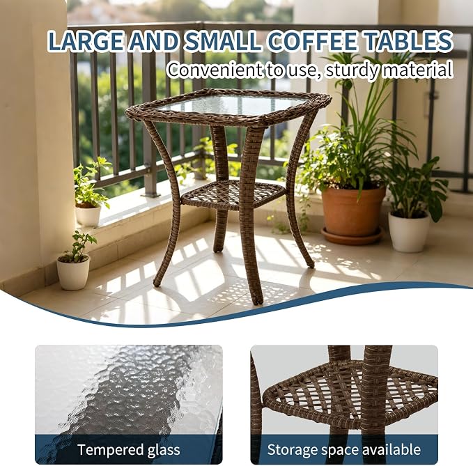 Outdoor Swivel Rocker Patio Chairs (Brown Wicker/Blue Cushion, 5PC/Swivel & Side Table & Ottomans)