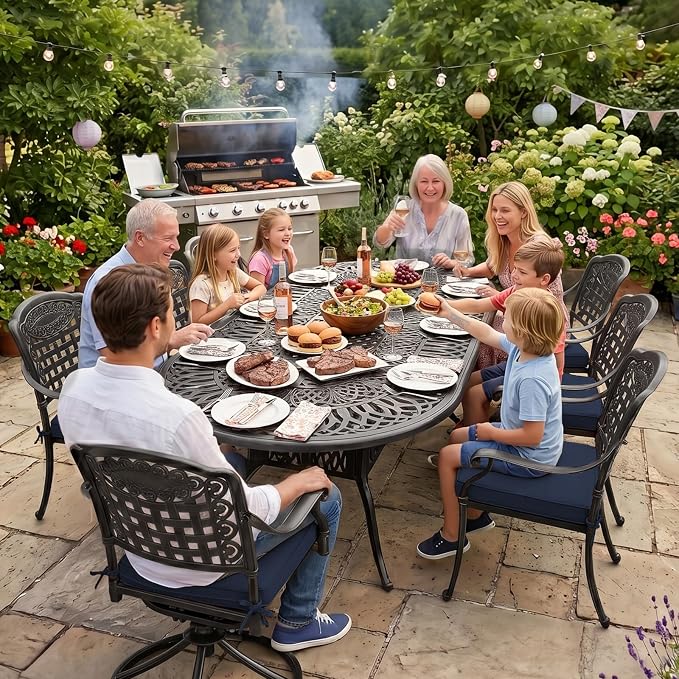 VIVIJASON 9-Piece Patio Furniture Dining Set, All-Weather Cast Aluminum Outdoor Conversation Set, Include 6 Stationary Chairs, 2 Swivel Dining Chairs, Oval Table with Umbrella Hole, Navy Blue Cushion
