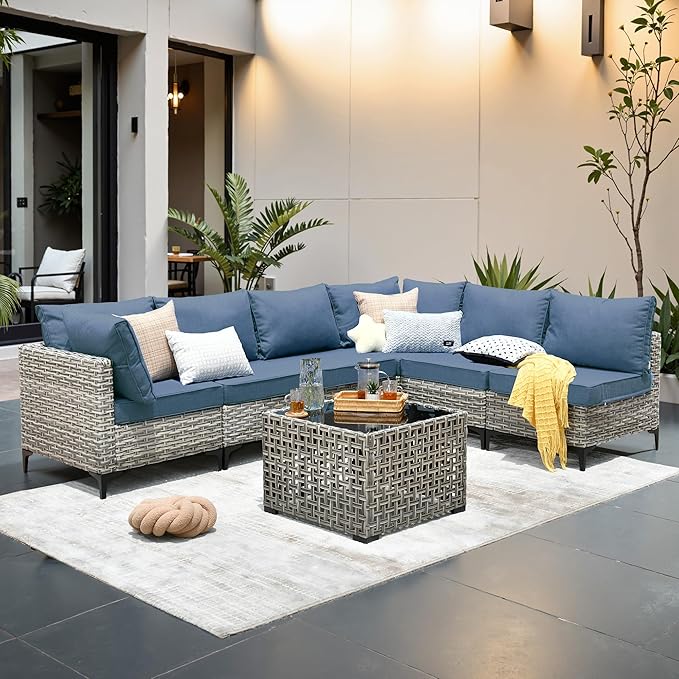 Outdoor Patio Furniture Sets,7 PCS Patio Conversation Set Outside Rattan Sectional Sofa with Coffee Table Fit Backyard Porch Garden Poolside Balcony