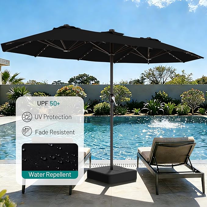 AreShark 13 FT Patio Umbrella with Solar Lights, Double-Sided Outdoor Table Umbrellas with Crank, Large Rectangular Market Umbrella for Porch, Lawn, Pool, Backyard, Black