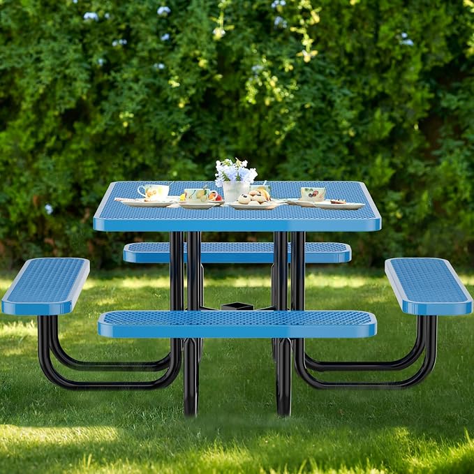 46IN Square Outdoor Picnic Table with Attached Seats, Heavy-Duty Metal Expanded Mesh Patio Table, 1600LBS Load Capacity Commercial-Grade Table for Park, Backyard, Deck, Blue