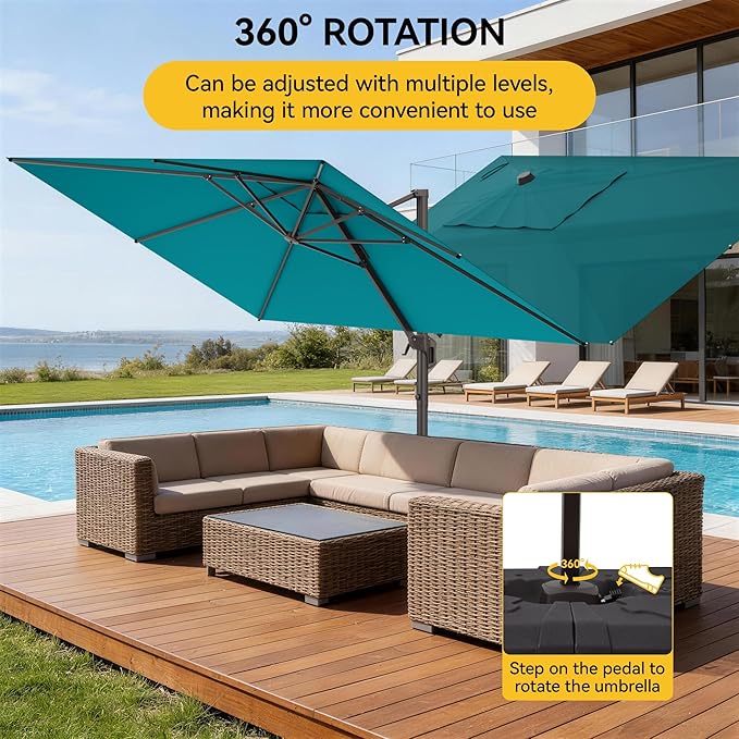 9x12 FT Cantilever Patio Umbrella, Large Rectangular Offset Outdoor Umbrella with 360° Rotation, Heavy Duty Shade Umbrella for Garden Backyard Deck Poolside Courtyard, Turquoise