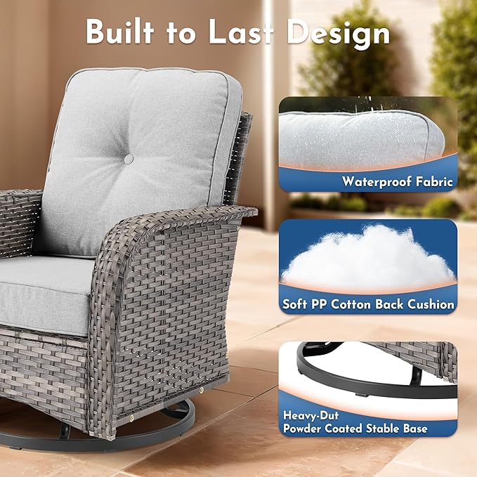 Weaxty Outdoor Swivel Rocker Patio Chairs, 3 Pieces Patio Furniture Set with Rocking Chair and Wicker Side Table, Outdoor Furniture Conversation Set for Porch, Deck, Yard, Balcony, Light Gray