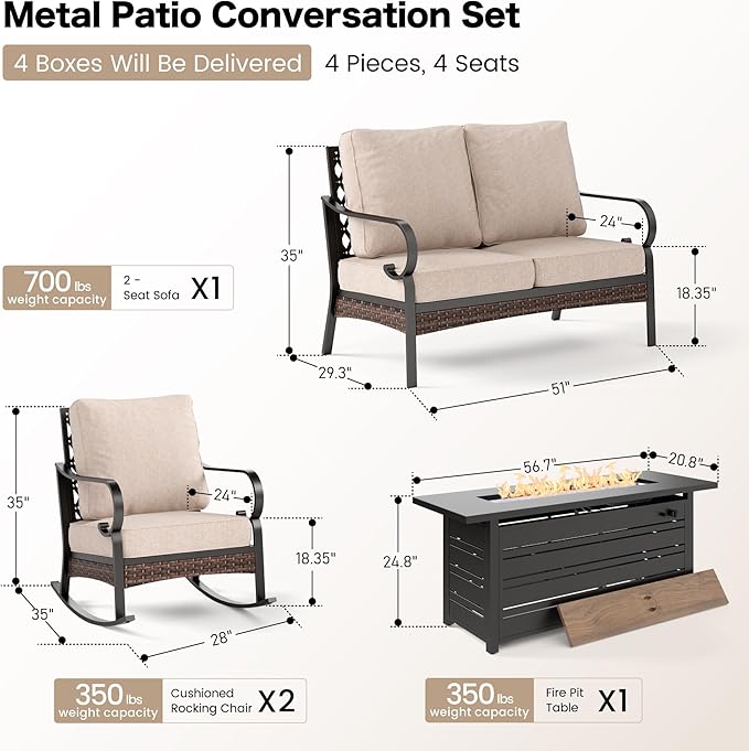 4 Piece Metal Outdoor Patio Furniture Sets with Firepit Table, Patio Conversation Sets 1 2-Seater Sofa, 2 Rocking Sofa with 5.75" Cushion Black Backyard Furniture for Deck, Beige