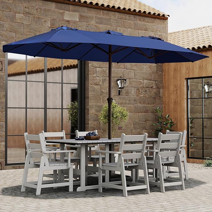 BRIOPAWS 15-FT-Large-Patio-Umbrella-with-Base | Double-Sided | Outdoor Table Umbrellas | w/Crank Handle | 12 Sturdy Fiberglass Rib | UV-Protection | for Garden Deck Backyard Pool | Navy Blue
