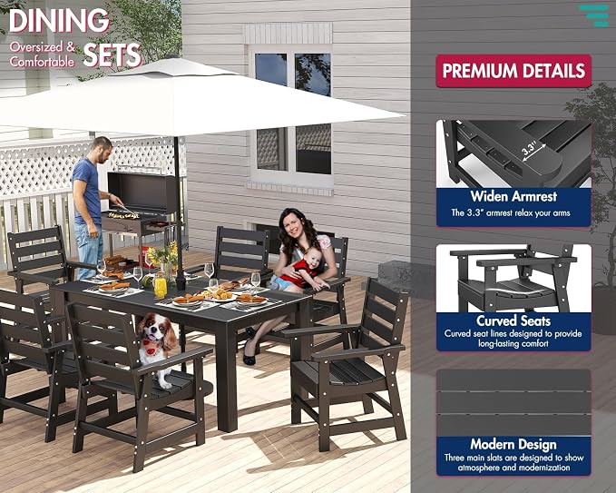 BRIOPAWS Outdoor Dining Table | HDPE | 67” Patio Rectangle Tables | All Weather | Umbrella Hole | Patio Furniture Set for 4-6 Person | Black