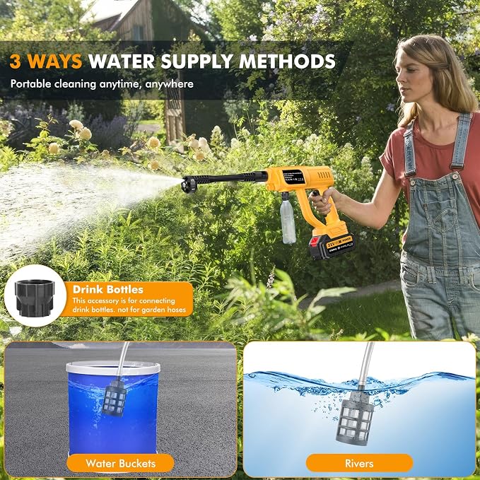 Cordless Portable Washer Gun, 120Bar/1700PSI Battery Operated Pressure Washer, Portable Power Washer with 3.0Ah Dual Batteries &Charger, 6-in-1 Nozzle Foam Cannon, for Vehicle, Driveway Deck