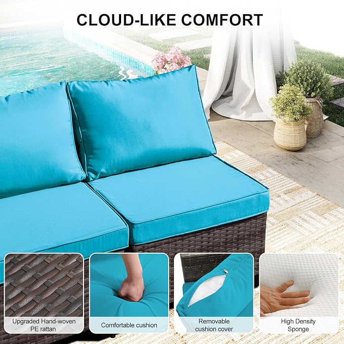 CANMOV 5 Pieces Patio Furniture Sets, All Weather Outdoor Patio Conversation Set, Wicker Rattan Sectional Sofa Couch Glass Coffee Table and Washable Cushions for Backyard Garden, Porch, Peacock Blue