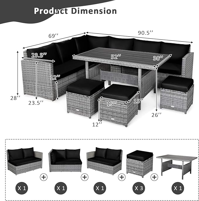 Tangkula 7 Pieces Patio Furniture Set, Outdoor Sectional Rattan Sofa Set with Cushions, All Weather Wicker Conversation Couch Set w/Dining Table & Ottomans for Backyard Garden Poolside (Black)
