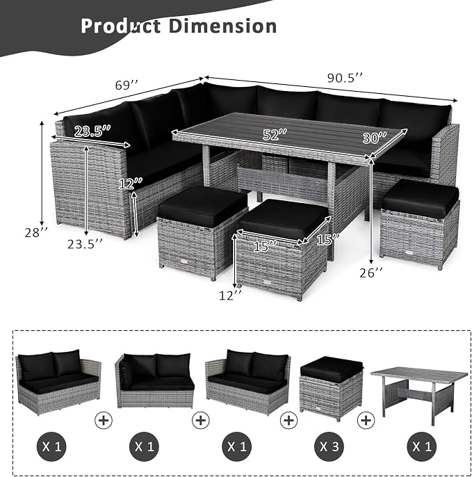 Tangkula Patio Furniture Set for 6, 7 Piece All Weather Heavy Duty PE Wicker Sectional Sofa with Dining Table and Ottomans, Rattan Conversation Set for Backyard, Deck, Poolside