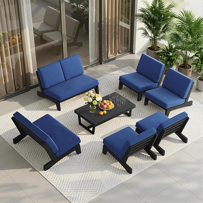 UIXE 8 Pieces All Weather Black Wood Patio Furniture Sets, 2 Patio Loveseat, 4 Patio Bistro Chair, Outdoor Sectional Sofa Furniture Backyard Conversation Set with Coffee Table - Navy