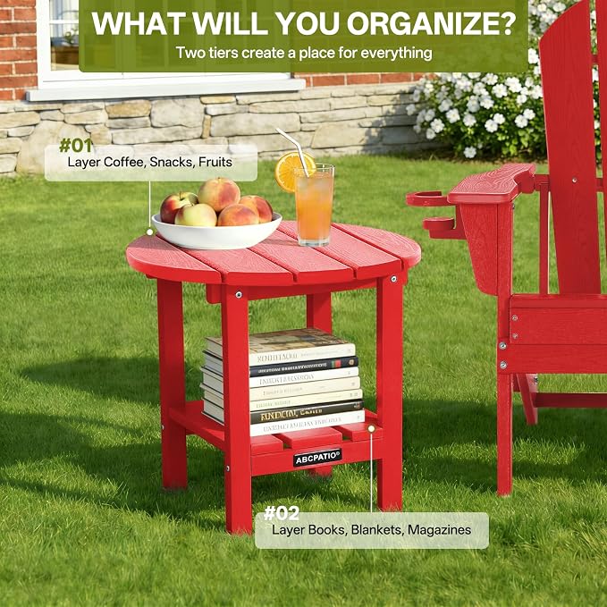 Outdoor Side Table Round - Patio Side Tables - HDPE Small Outdoor End Table for Backyard Pool Porch Balcony - Double Layer Storage - Red (Wood Grain Finish)