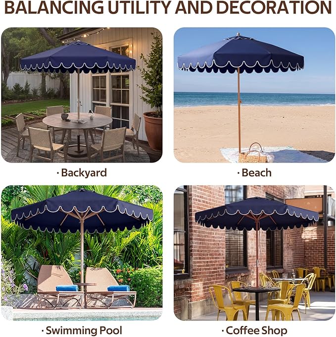Scalloped Patio Umbrella Replacement Canopy Outdoor Boho Midcentury Market Umbrella Top Cover UV Protection for Patio Beach, Canopy Only