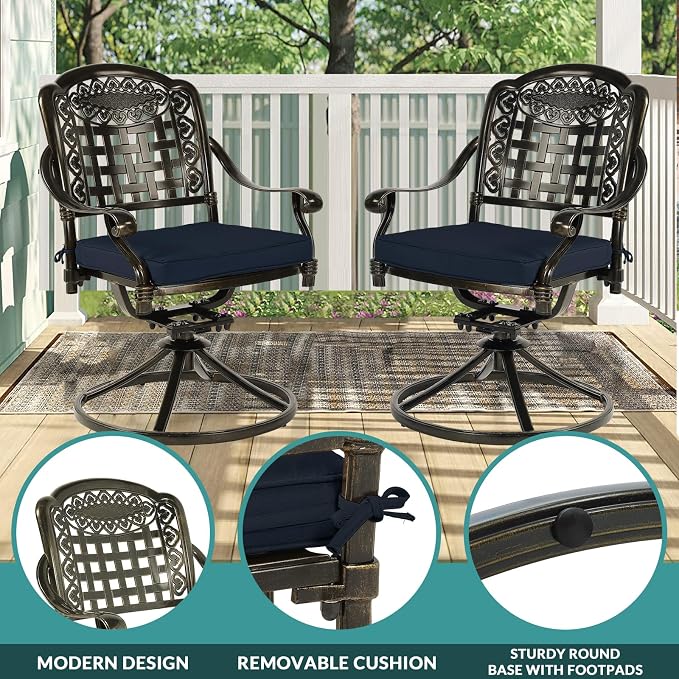 MEETWARM 9-Piece Outdoor Patio Dining Set, All Weather Cast Aluminum Patio Funiture Table and Chairs Set- Large 64" Square Table and 8 Cushioned Swivel Rocker Chairs, Umbrella Hole, Navy Blue