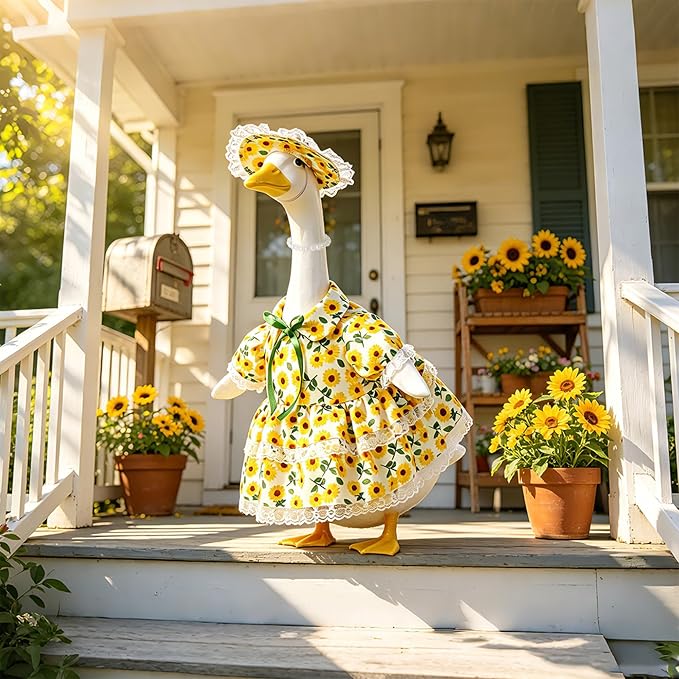 Porch Goose Outfit Flower with Pearl Necklace and Sunflower Hat for 23" Large Statue,Porch Goose Clothes for Outdoor Patio Yard Garden Holiday Decor