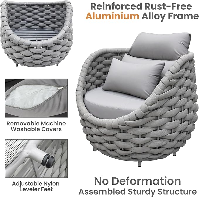 4 Pieces Courtyard Seating Set: Aluminum Woven Rope Patio Furniture Chair Set - All Weather Metal Outdoor Conversation Set - Assembled Armchair with Table Set for Bistro Deck Porch Balcony, Grey