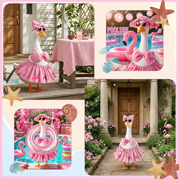 Summer Porch Goose Outfits Bikini - Hawaiian Porch Goose Clothes with Sunglasses and Swimming Ring for 23" Cement Goose Statue, Pink Flamingos Lawn Geese Costume Garden Yard Decor